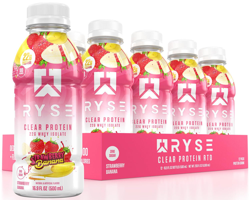 Front view of RYSE Clear Protein Drink Strawberry Banana bottle