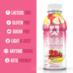 Pouring RYSE Clear Protein Drink Strawberry Banana into a glass