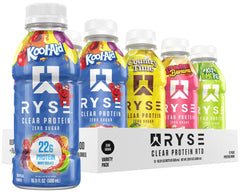 RYSE Clear Protein Drink Variety Pack front view with 12 bottles