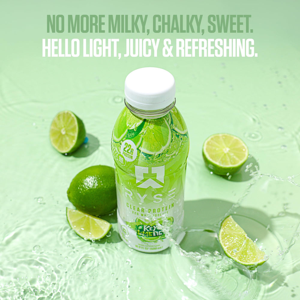 Ingredients and packaging of RYSE Clear Protein Drink Key Lime Pie