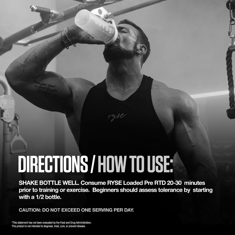 RYSE Loaded Pink Splash action shot highlights 325 mg caffeine aiding focus and pace