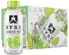 RYSE Loaded Pre-Workout bottle pour demonstrates convenient ready-to-drink energy for workouts.