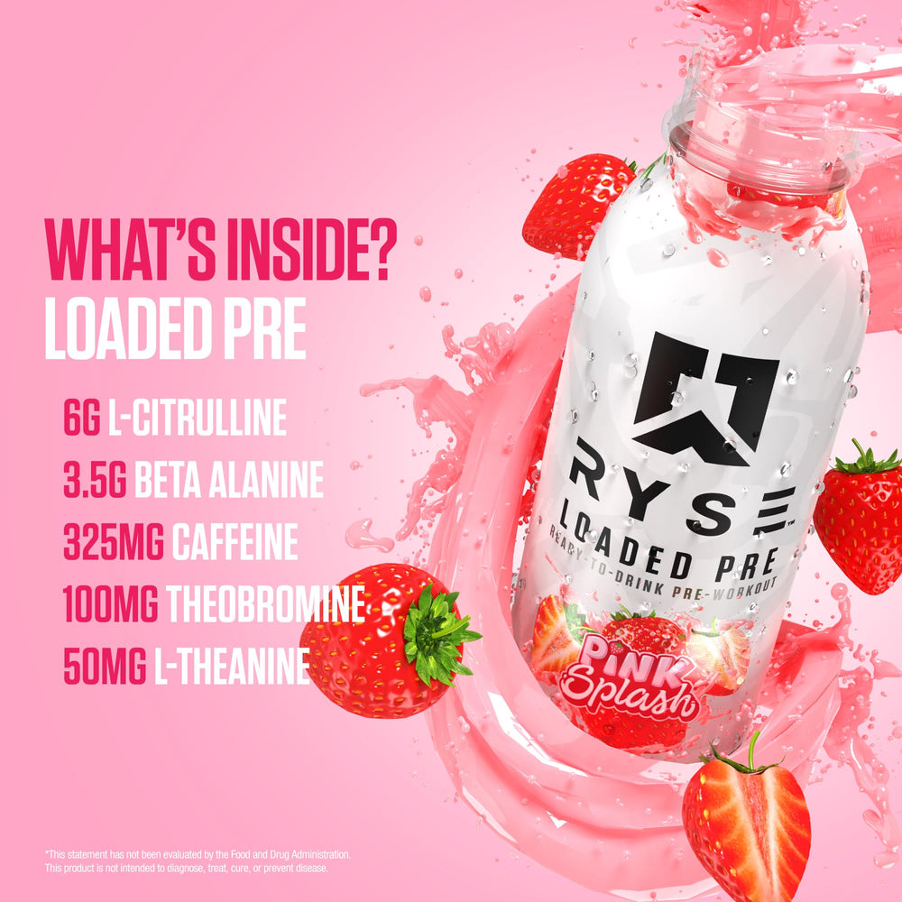 RYSE Pink Splash label close-up emphasizes caffeine and no-sugar formula for focus