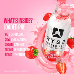 RYSE Pink Splash label close-up emphasizes caffeine and no-sugar formula for focus