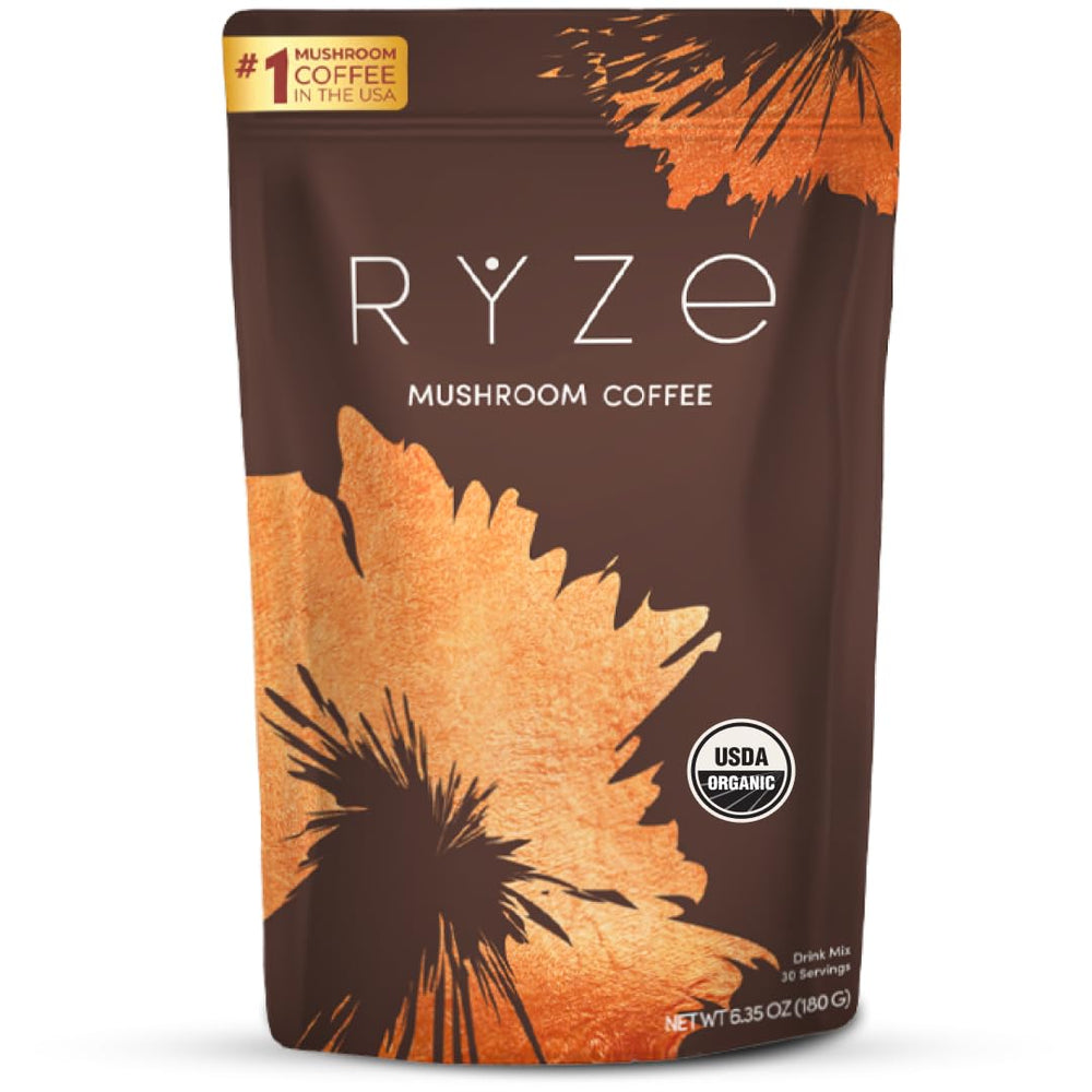 RYZE Mushroom Coffee tin front showcases USDA Organic packaging for clean ingredients.
