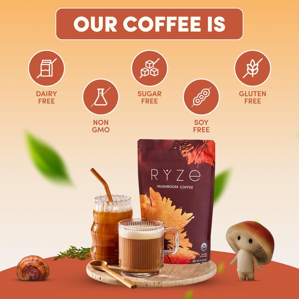 RYZE Mushroom Coffee USDA Organic badge confirms trusted, organic ingredients.