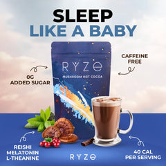 Close-up of cocoa powder with Reishi mushroom and ingredients illustration