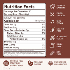 RYZE SUPERFOODS Mushroom Coffee beta-glucans badge highlights high potency per serving