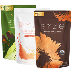 RYZE Ultimate Energy Bundle product shot with coffee, matcha and creamer