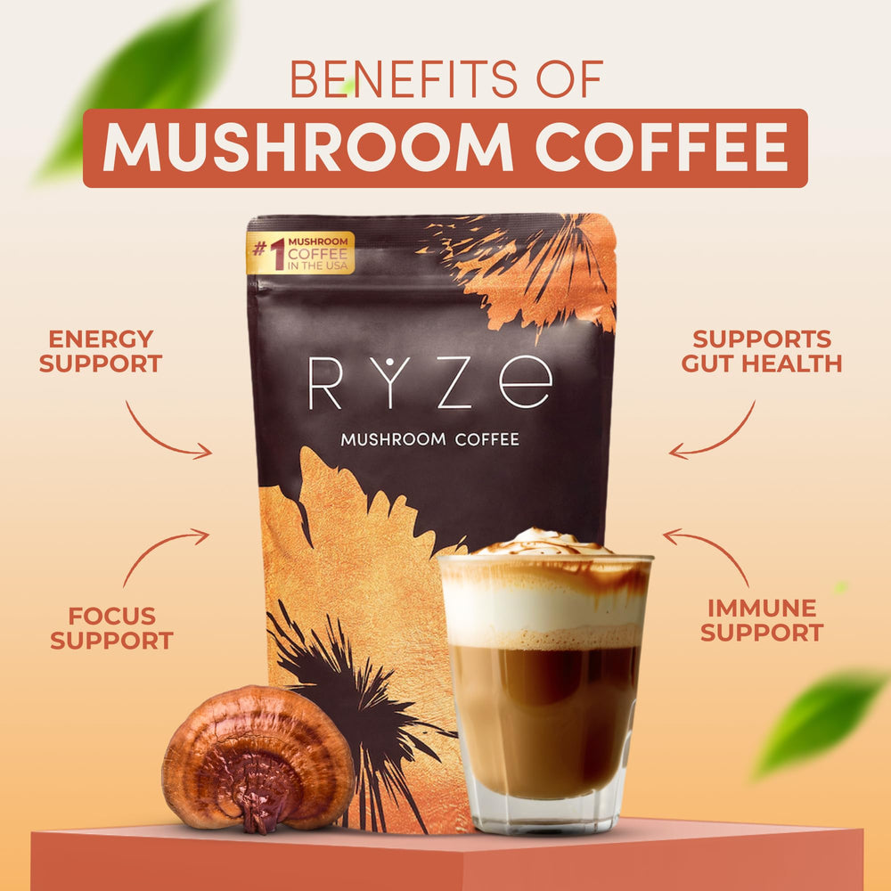 RYZE Mushroom Coffee bag and six-adaptogen mushroom blend