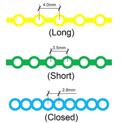 Close-up of orthodontic power chains showing color options