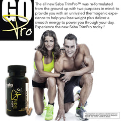 Product shot of Saba Trim Pro 60 capsules with glass of water
