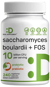 Bottle label: Saccharomyces boulardii probiotic + FOS