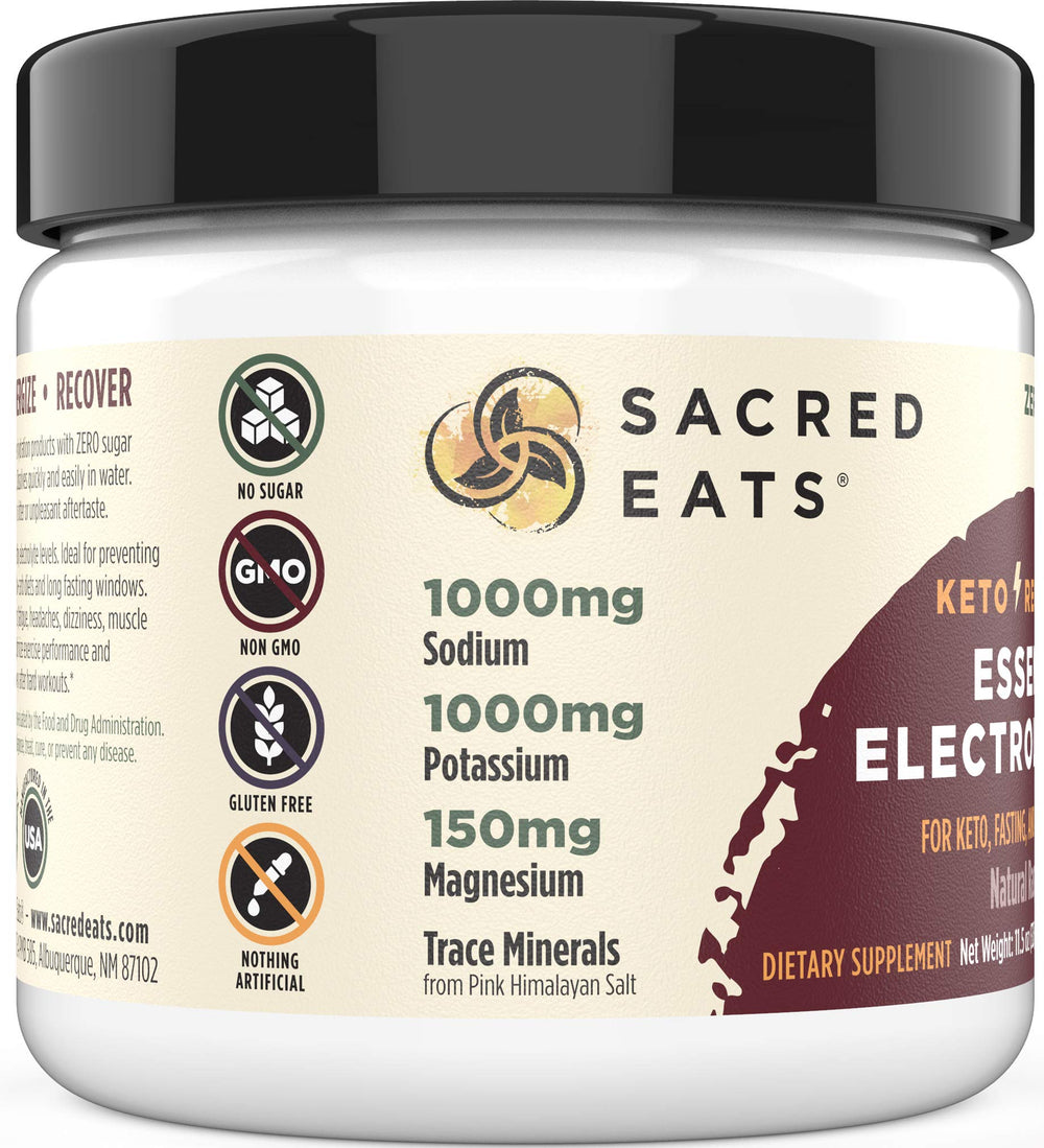 Sacred Eats Keto Electrolyte powder label highlights monk fruit sweetness