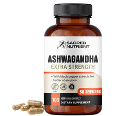 Bottle of Sacred Nutrient Organic Ashwagandha with black pepper on label