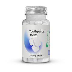 Saelafarma toothpaste melts 2-pack packaging with recyclable glass jars