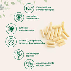 Ingredient lineup including vitamin C, magnesium glycinate, St. John's Wort, passionflower, L-theanine, turmeric extract, KSM-66 ashwagandha, rhodiola, and black pepper