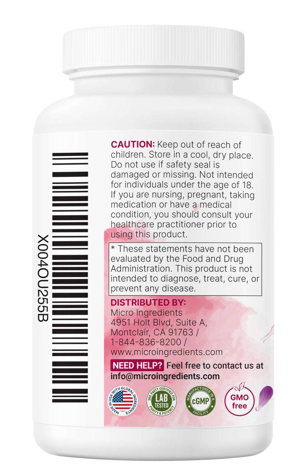 Back of packaging with third-party lab testing and non-GMO indicators