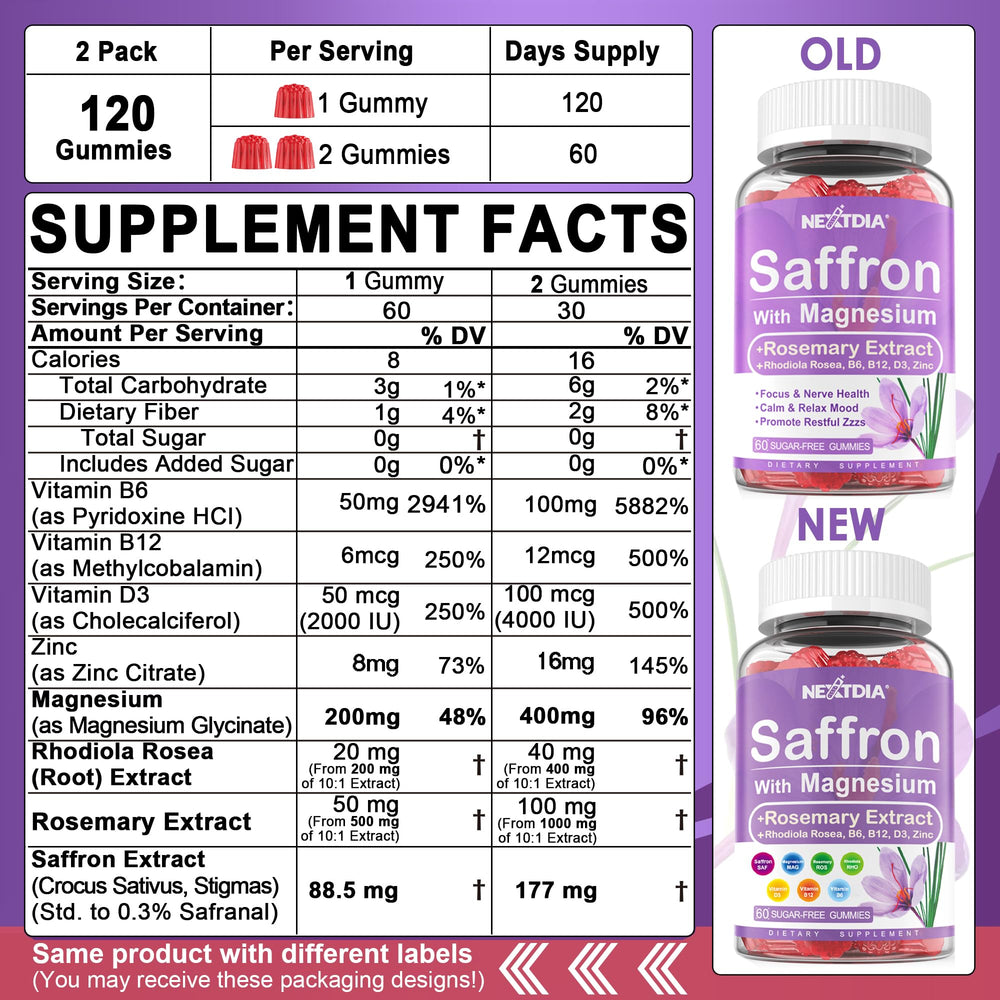 Label showing saffron extract 177mg and 88.5mg