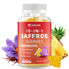 Front view of saffron gummies bottle with label