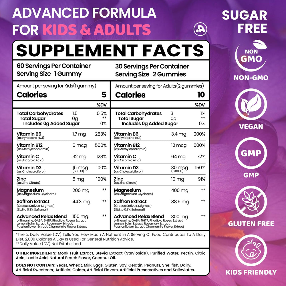 Close-up of ingredients including B6, B12, C, D3, magnesium glycinate and zinc.