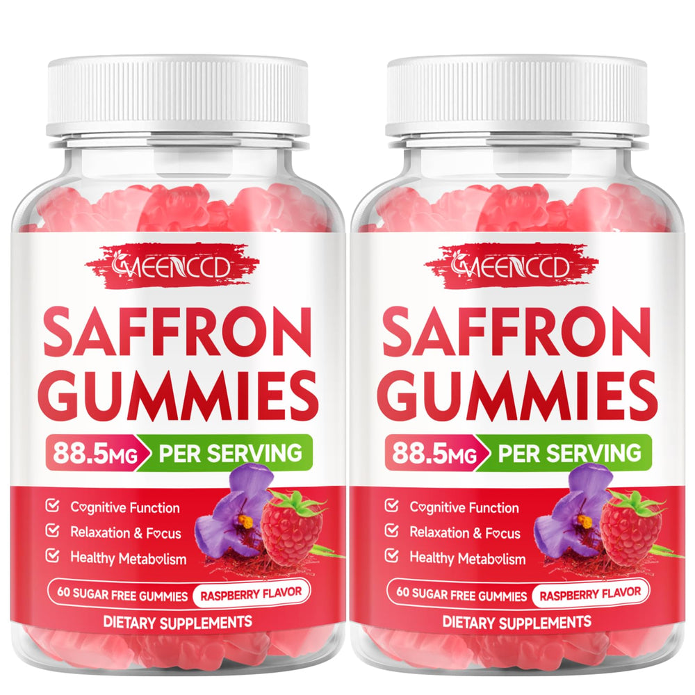 Packaging of two-pack saffron gummies raspberry flavor