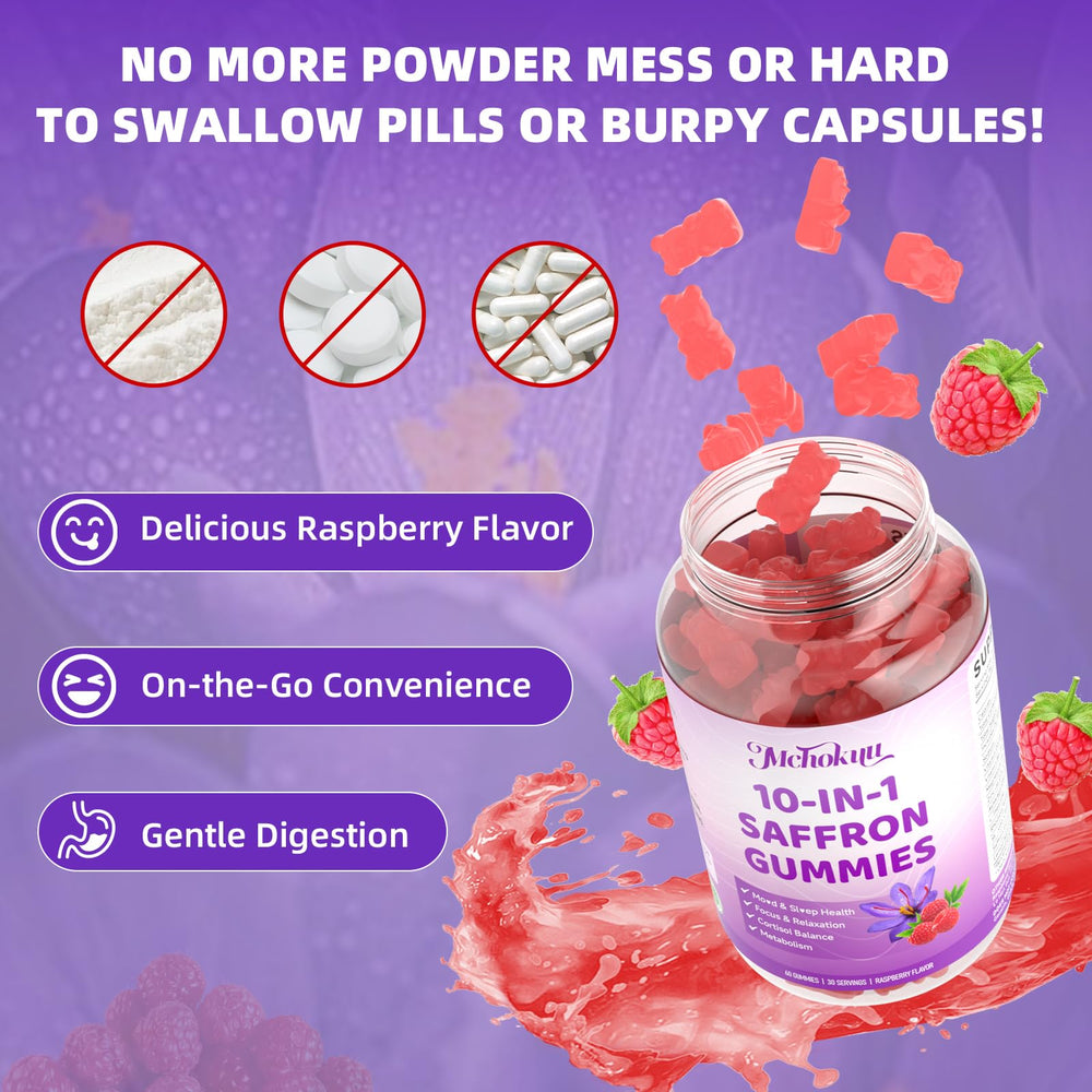 Raspberry-flavored saffron gummies on a white background