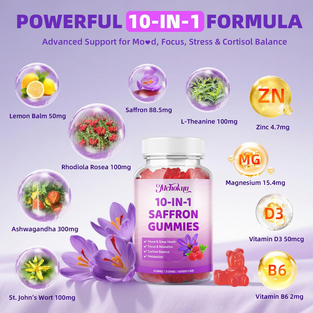 Bottle label highlighting St. John's Wort and Lemon Balm in gummies