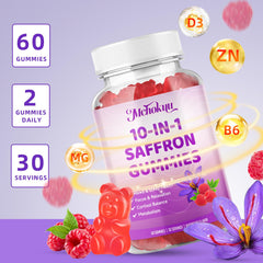 Two bottles of saffron gummies, 120-count total, raspberry flavor.