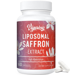 Saffron supplements bottle with label highlighting 88.5 mg saffron extract per capsule