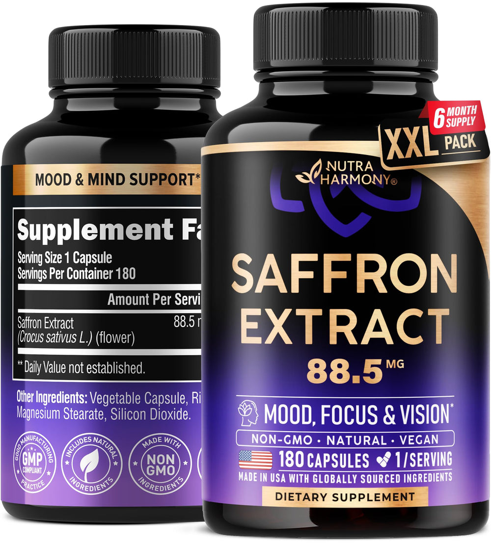 Bottle of natural saffron supplements – USA-made, 88.5 mg per capsule