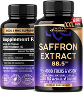 Bottle of natural saffron supplements – USA-made, 88.5 mg per capsule