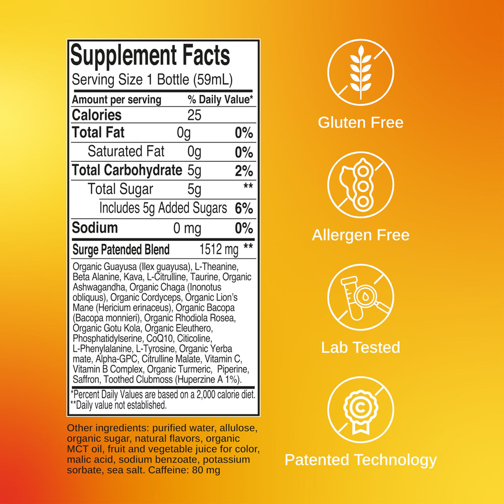 Eight-pack display of Surge Peach Mango 2oz shots