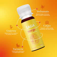 SAGA Surge ingredients panel showing vegan organic formula