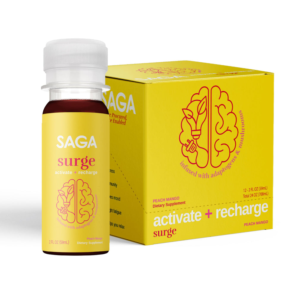 SAGA Surge Peach Mango 2oz shot front view