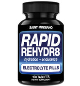 Saint Mingiano Rapid Rehydr8 bottle on table showing hydration capsules