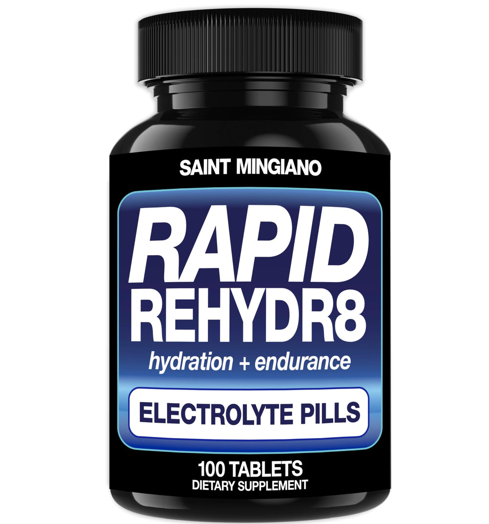 Saint Mingiano Rapid Rehydr8 bottle on table showing hydration capsules