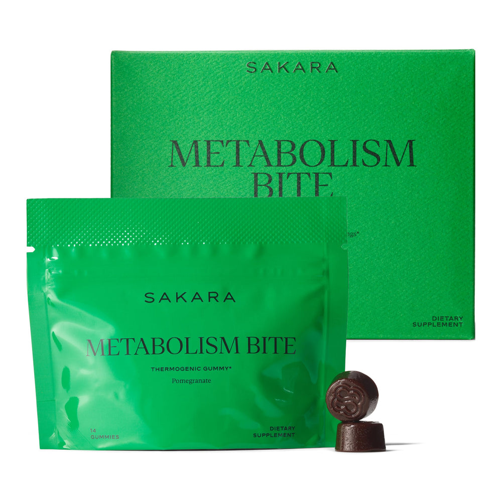 SAKARA Metabolism Bites pomegranate pack illustrating convenient daily metabolism support