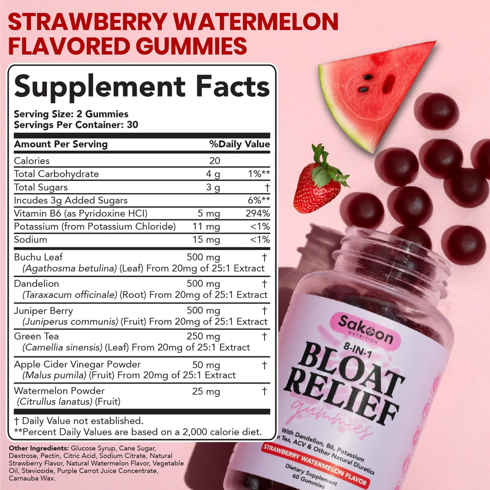 Sakoon Nutrition Gummy bottle and pack highlighting watermelon flavor for easy digestion.