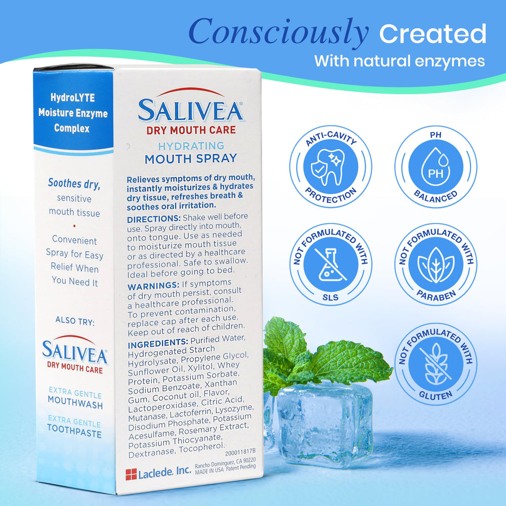 Hand applying SALIVEA mint spray to moisturize dry mouth