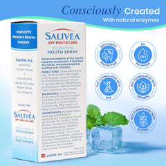 Hand applying SALIVEA mint spray to moisturize dry mouth
