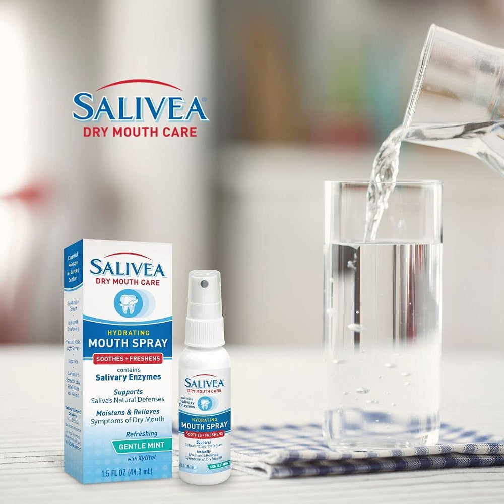 Close-up of SALIVEA Dry Mouth Spray nozzle and mist