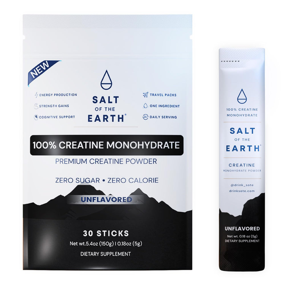 Front view of Salt of the Earth Creatine bottle with Creapure Monohydrate label