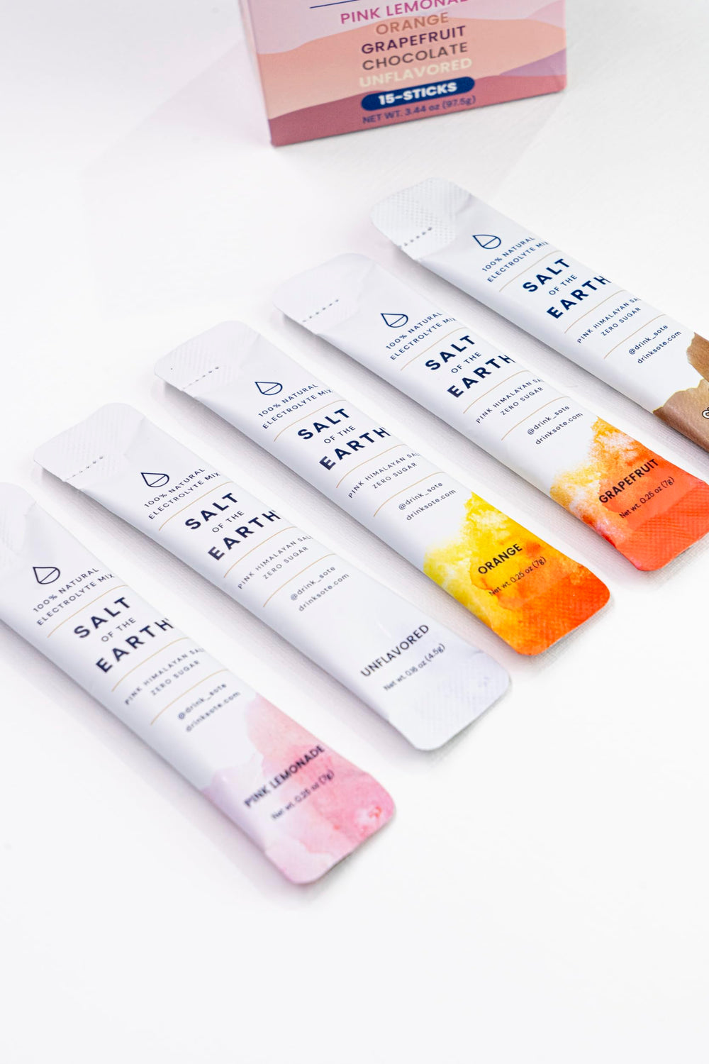 Salt of the Earth Travel packets display for convenient hydration anywhere.