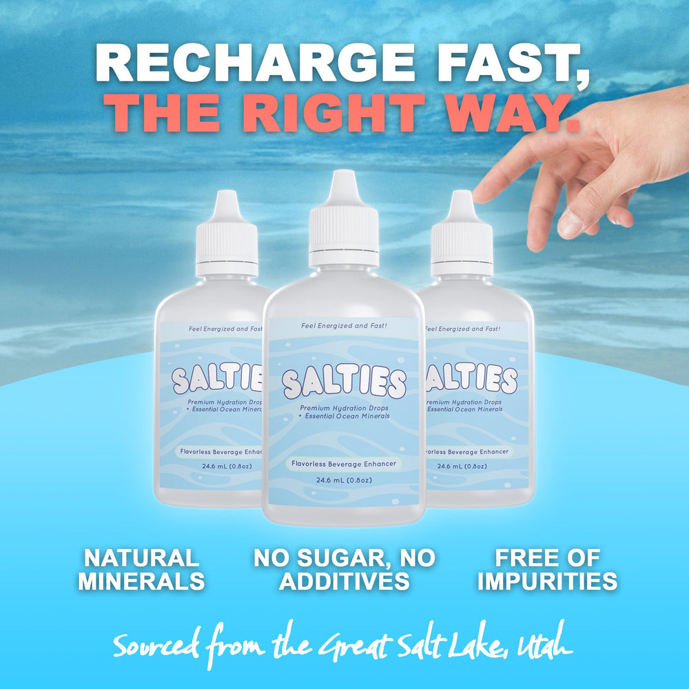 Salties Electrolyte Drops six-drop usage image demonstrates quick, versatile mixing for any drink.