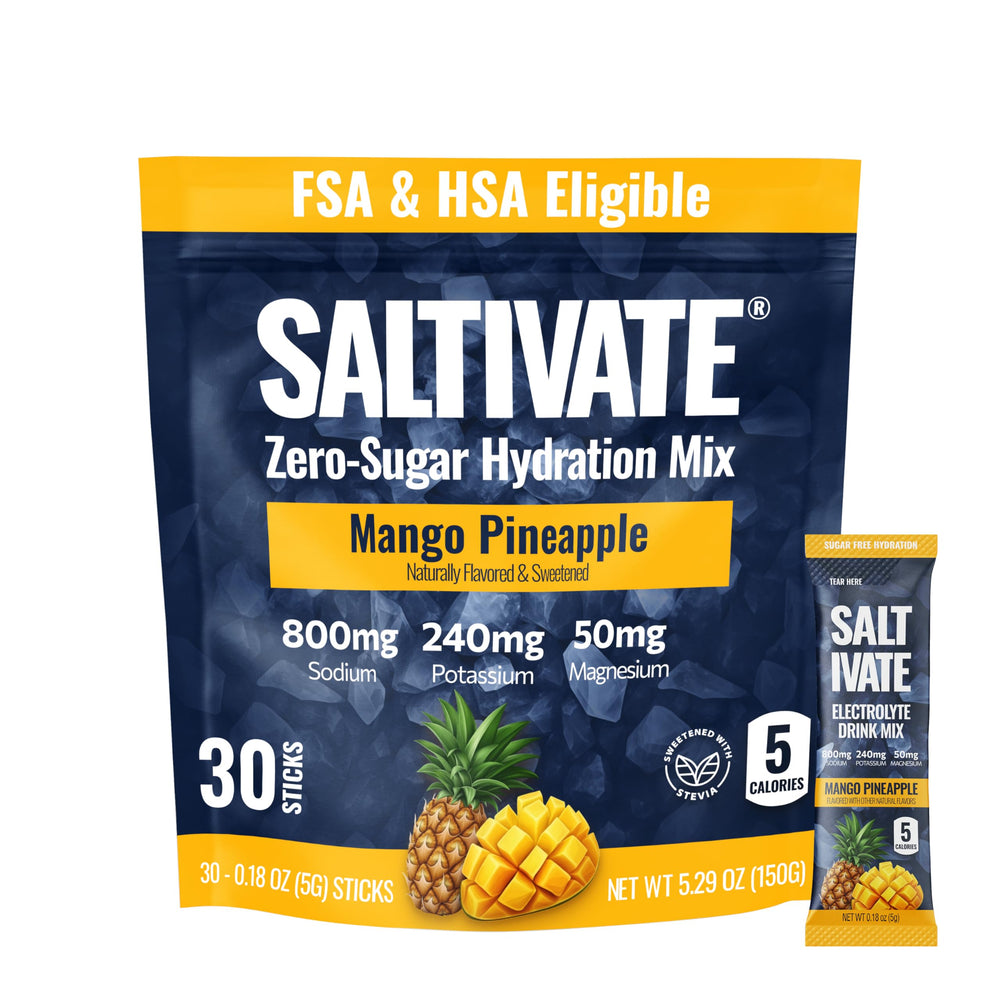 Saltivate Mango Pineapple electrolytes pack-front highlights tropical flavor and 800mg sodium for fast hydration.