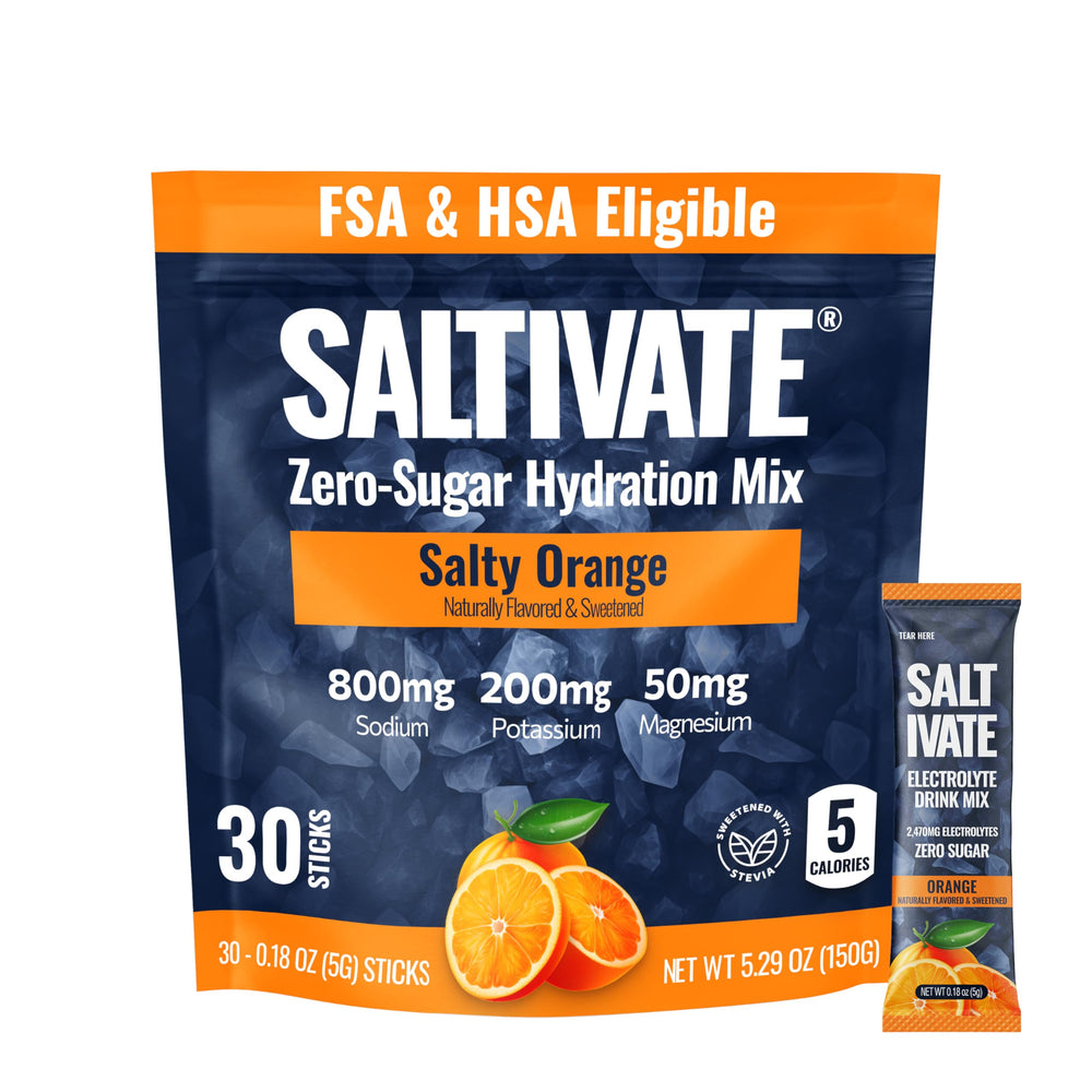 Saltivate Salty Orange electrolytes packet in water glass for quick hydration