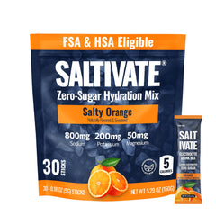 Saltivate Salty Orange electrolytes packet in water glass for quick hydration