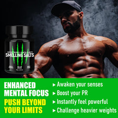 Product display of seven smelling salts bottles for athletes