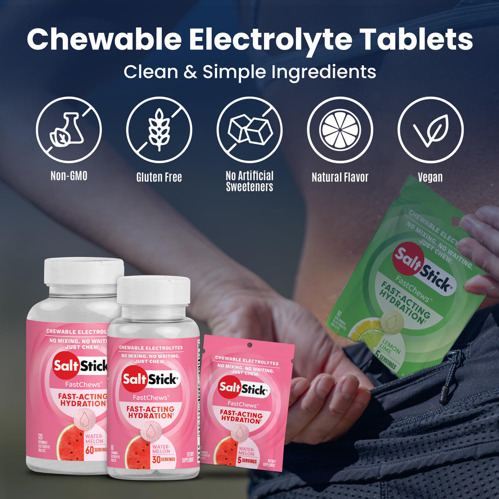 SaltStick Electrolyte FastChews watermelon tablets dissolve quickly with water to aid endurance during running.